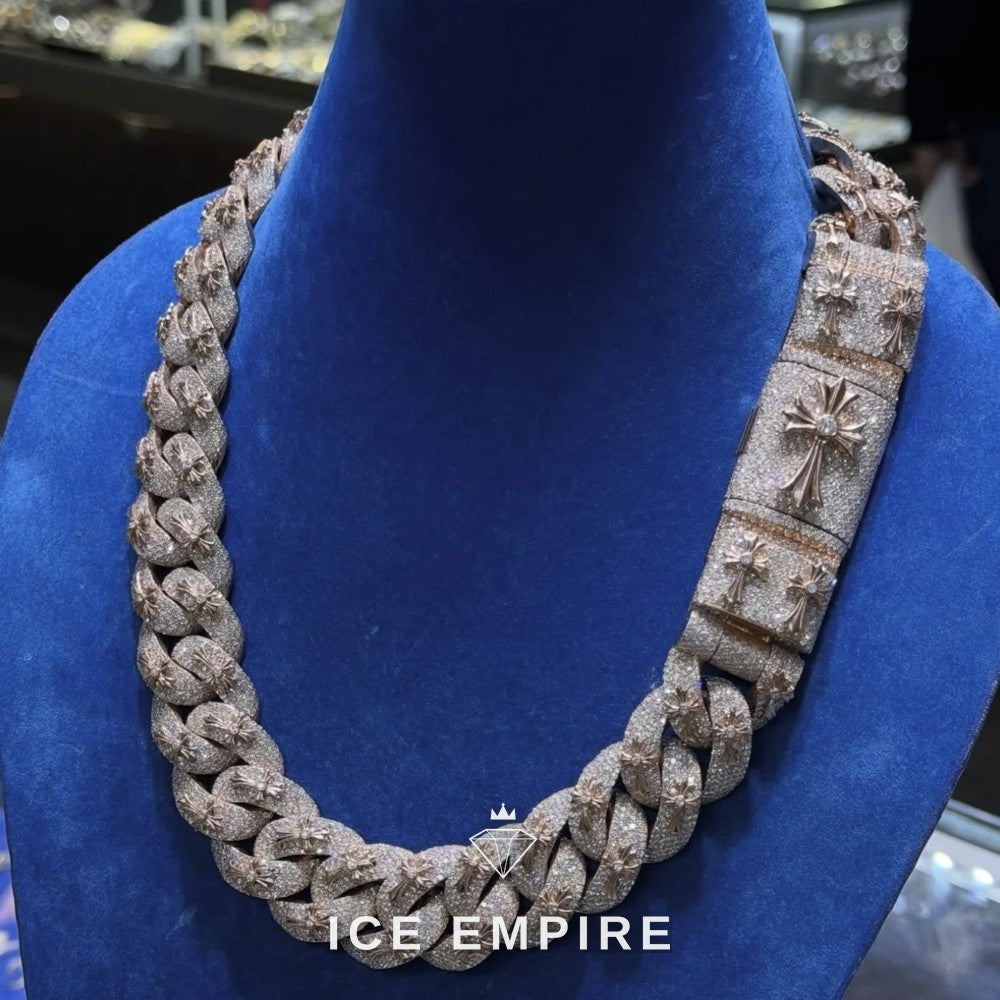 Iced Out Cross Rose Gold Plated Moissanite Cuban Chain