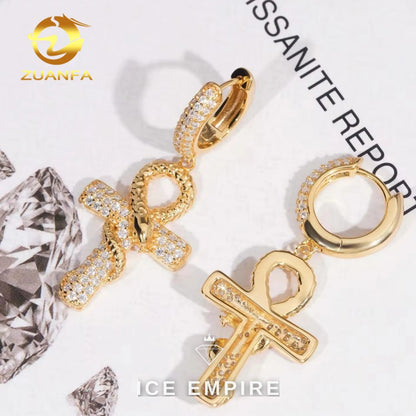 Iced Out Cross Gold Plated Moissanite Hoop Earrings