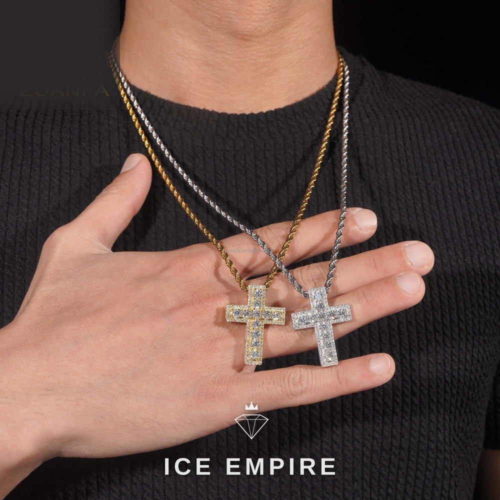 Iced Out Cross 14K Gold Moissanite Pendant