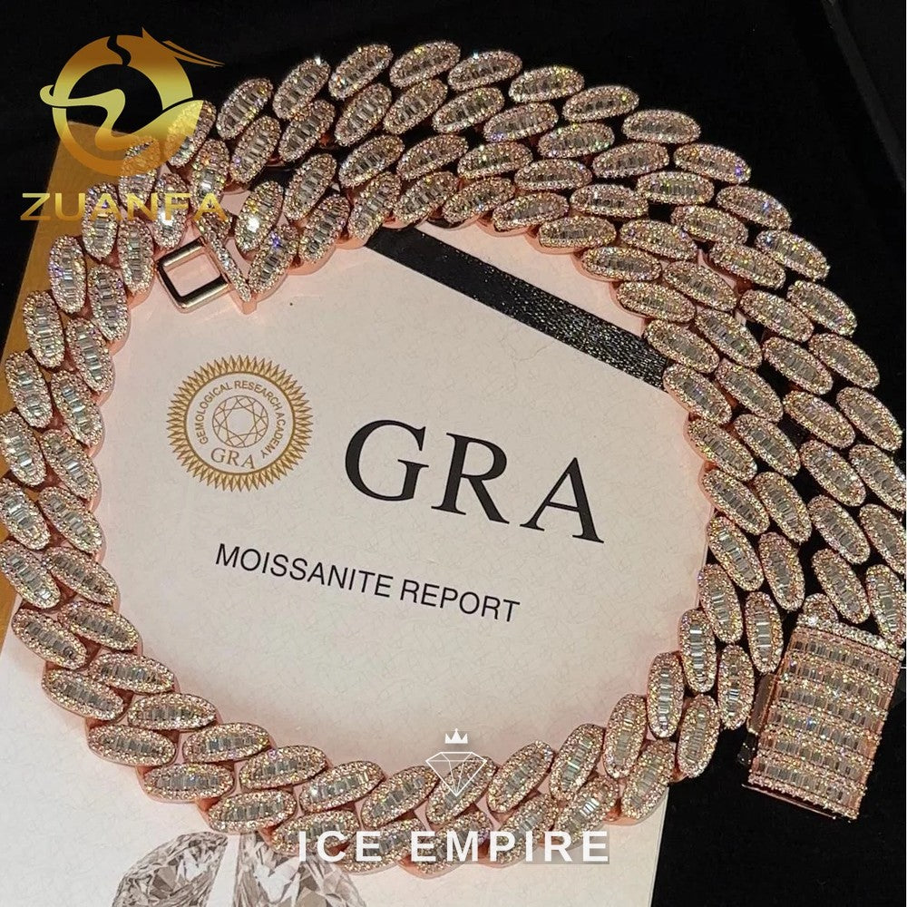 Iced Out Baguette Rose Gold Plated Moissanite Cuban Chain