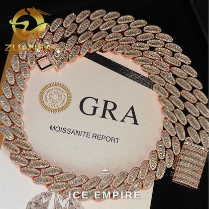 Iced Out Baguette Rose Gold Plated Moissanite Cuban Chain