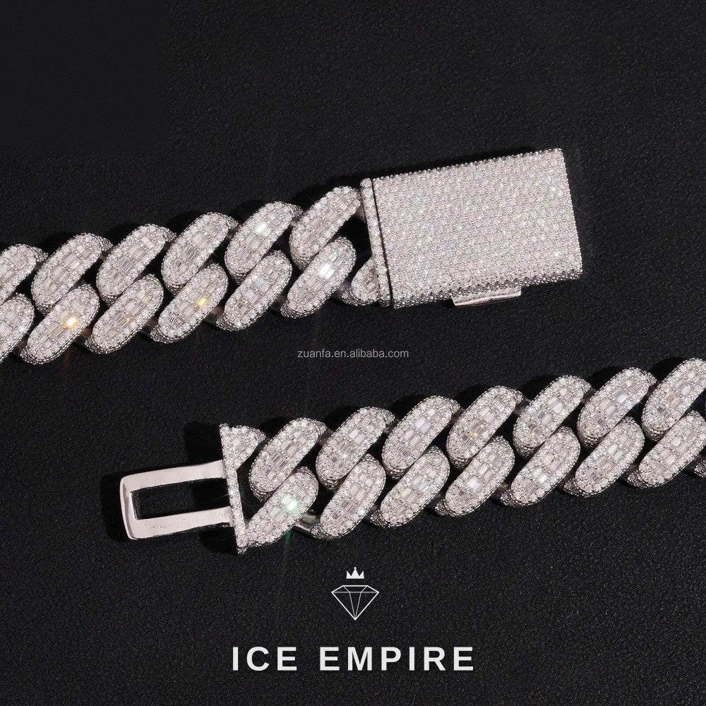 Iced Out Baguette 925 Silver Moissanite Cuban Chain