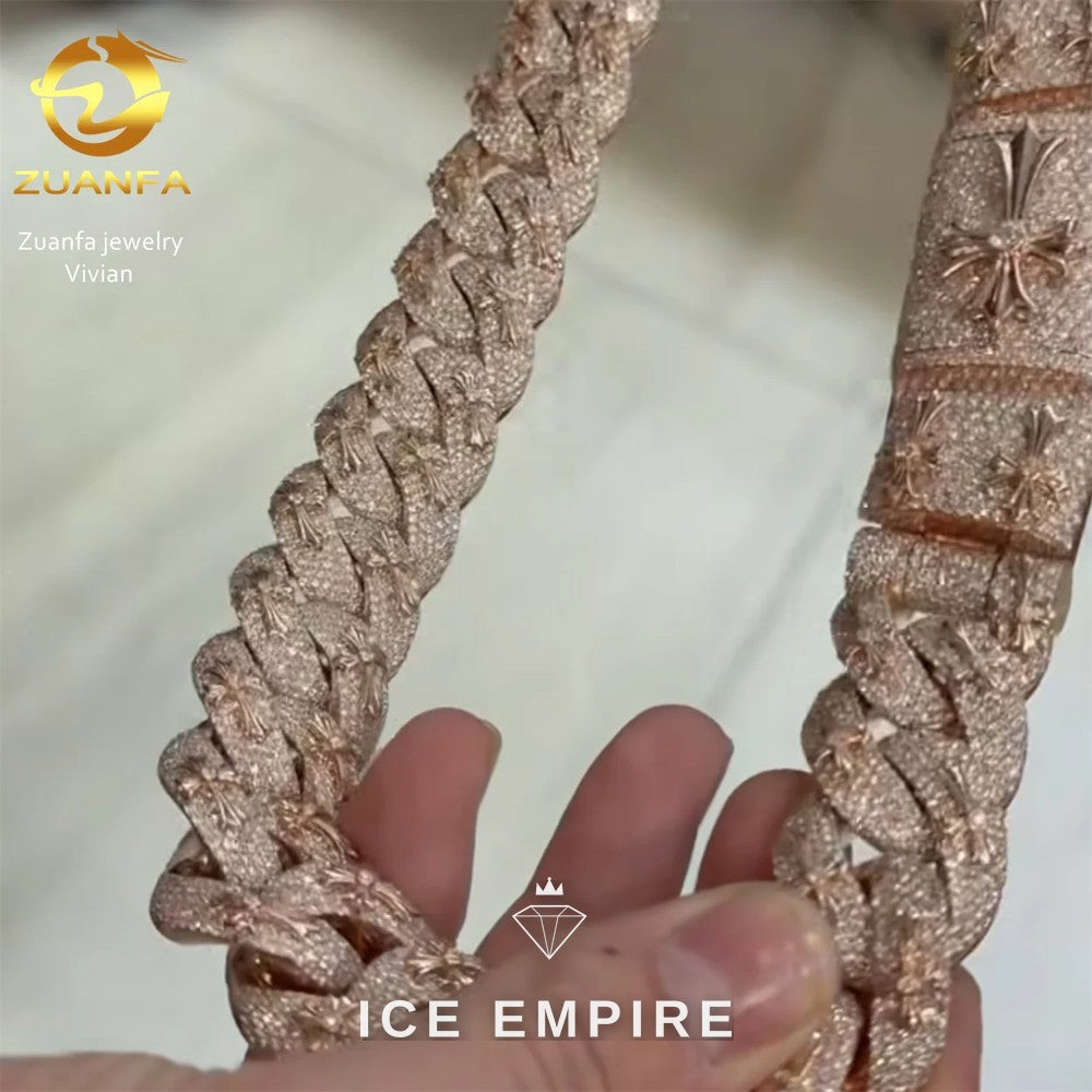 Iced Out Cross Rose Gold Plated Moissanite Cuban Chain