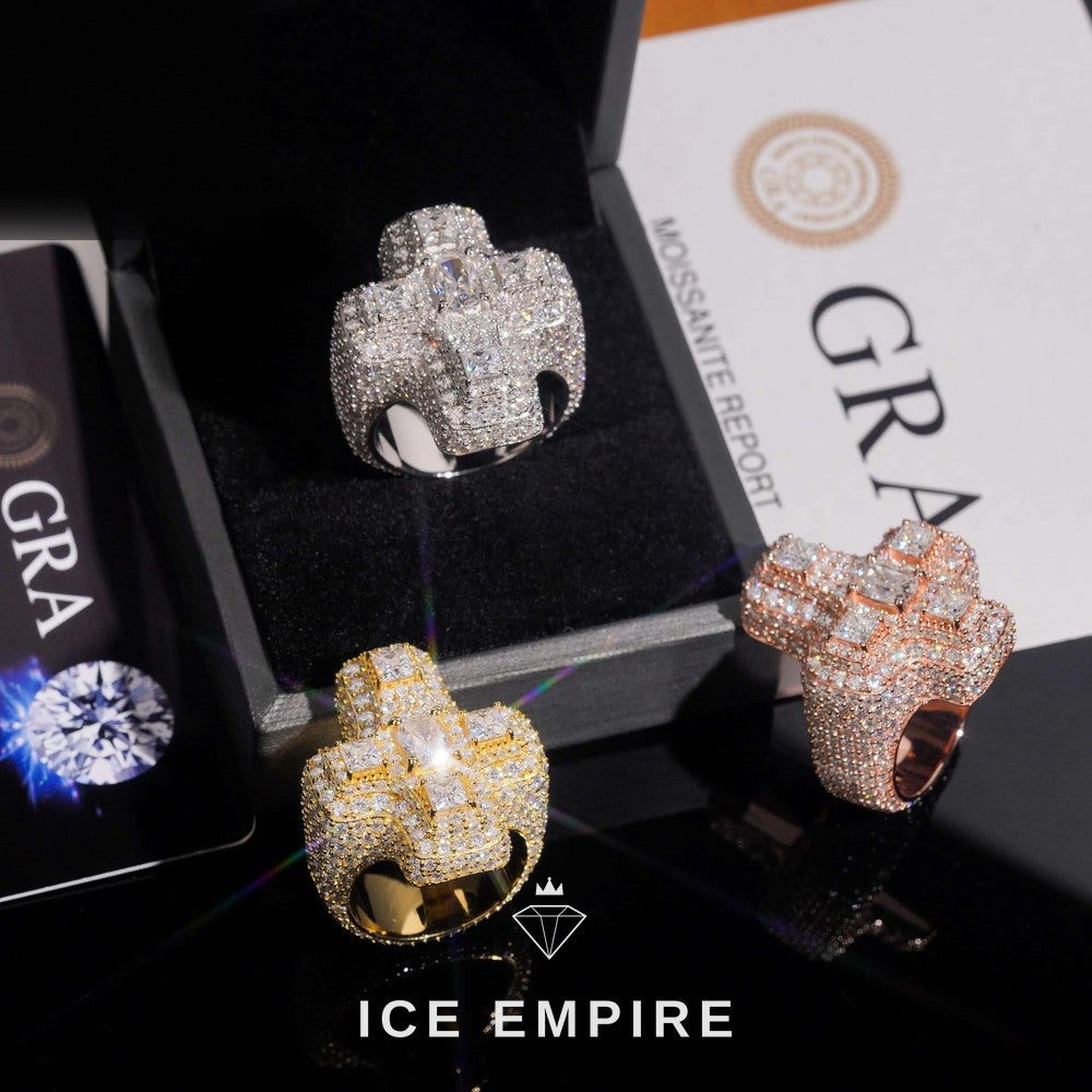 Iced Out Cross Gold Plated Moissanite Ring
