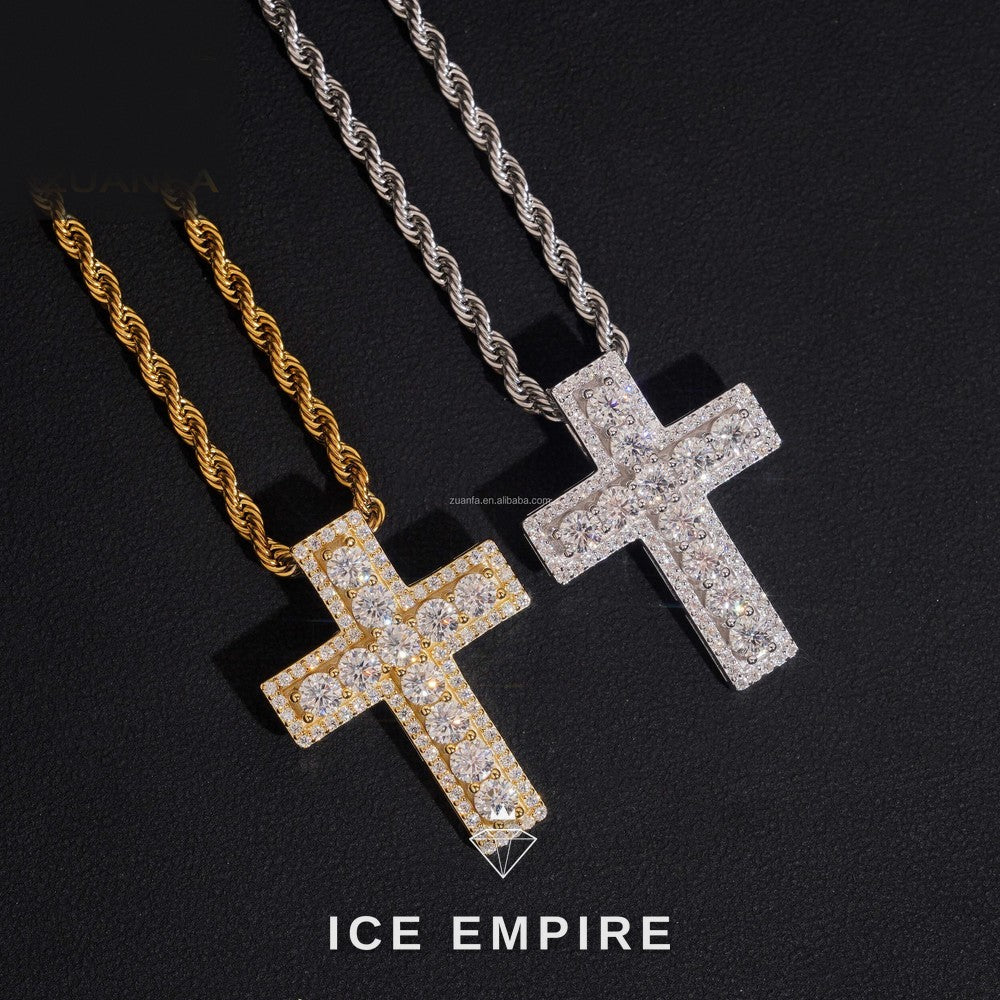 Iced Out Cross 14K Gold Moissanite Pendant