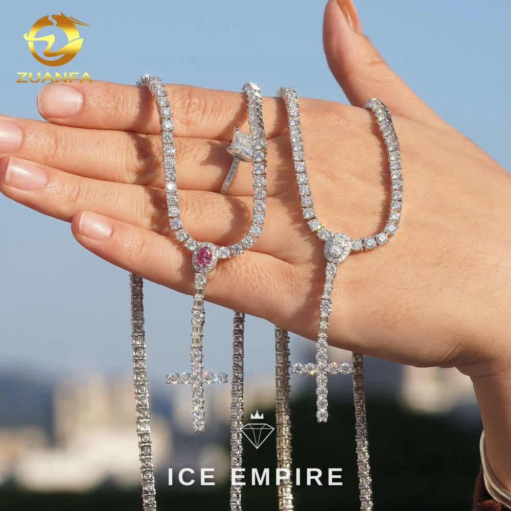 Iced Out Cross 925 Silver Moissanite Tennis Chain