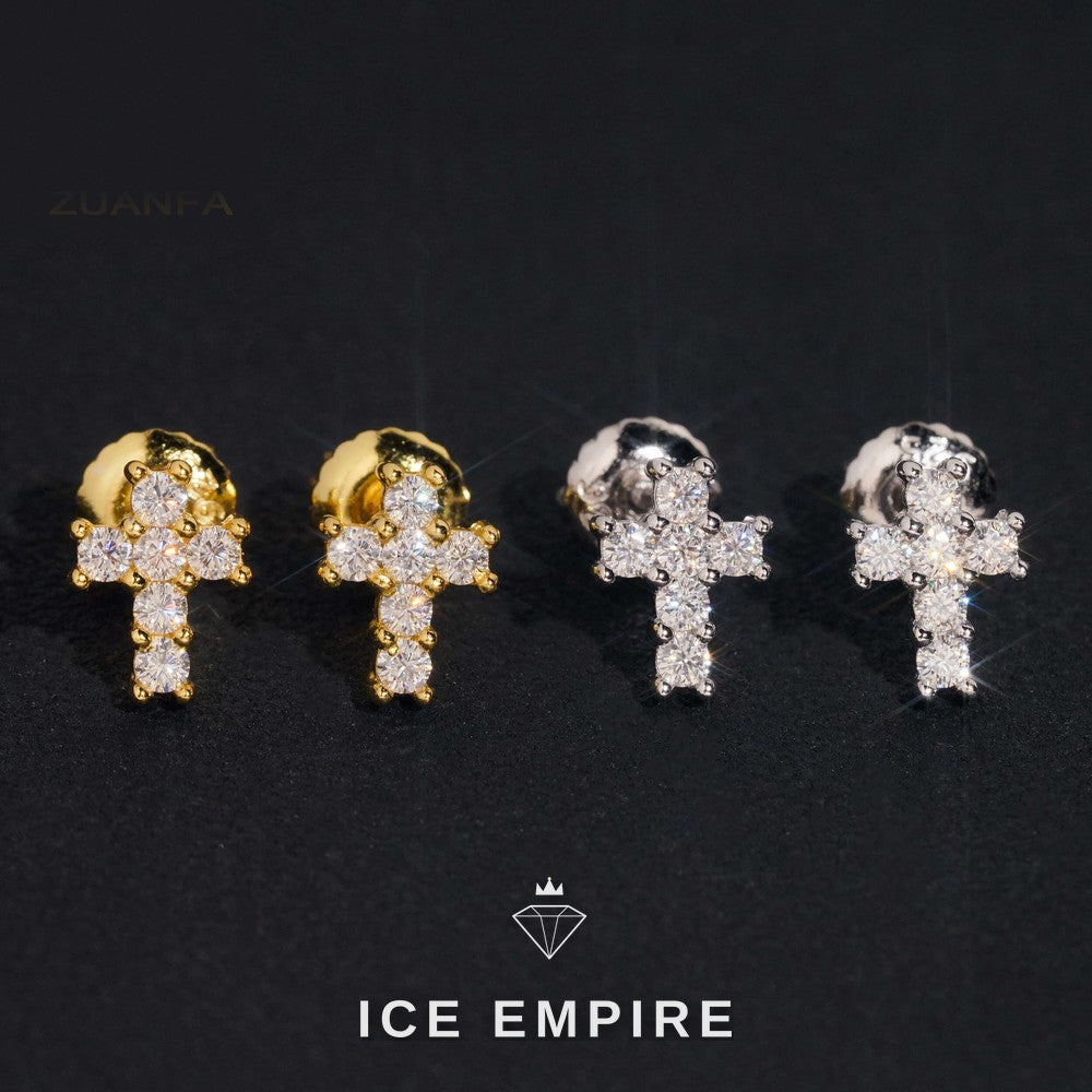Iced Out Cross Gold Plated Moissanite Earrings