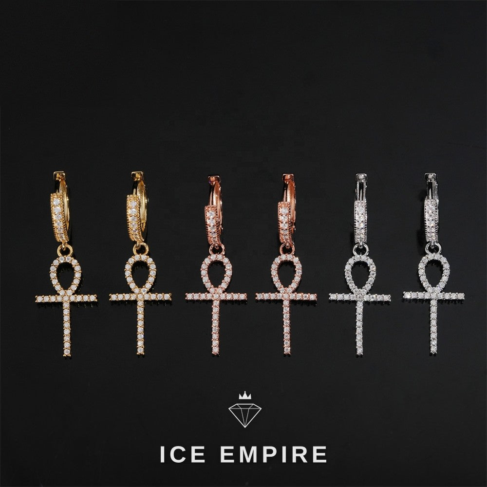 Iced Out Cross Rose Gold Plated Moissanite Hoop Earrings