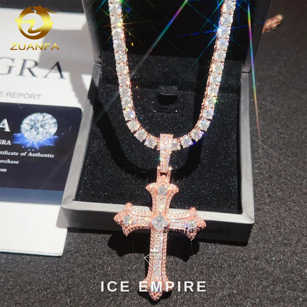 Iced Out Cross Rose Gold Plated Moissanite Pendant
