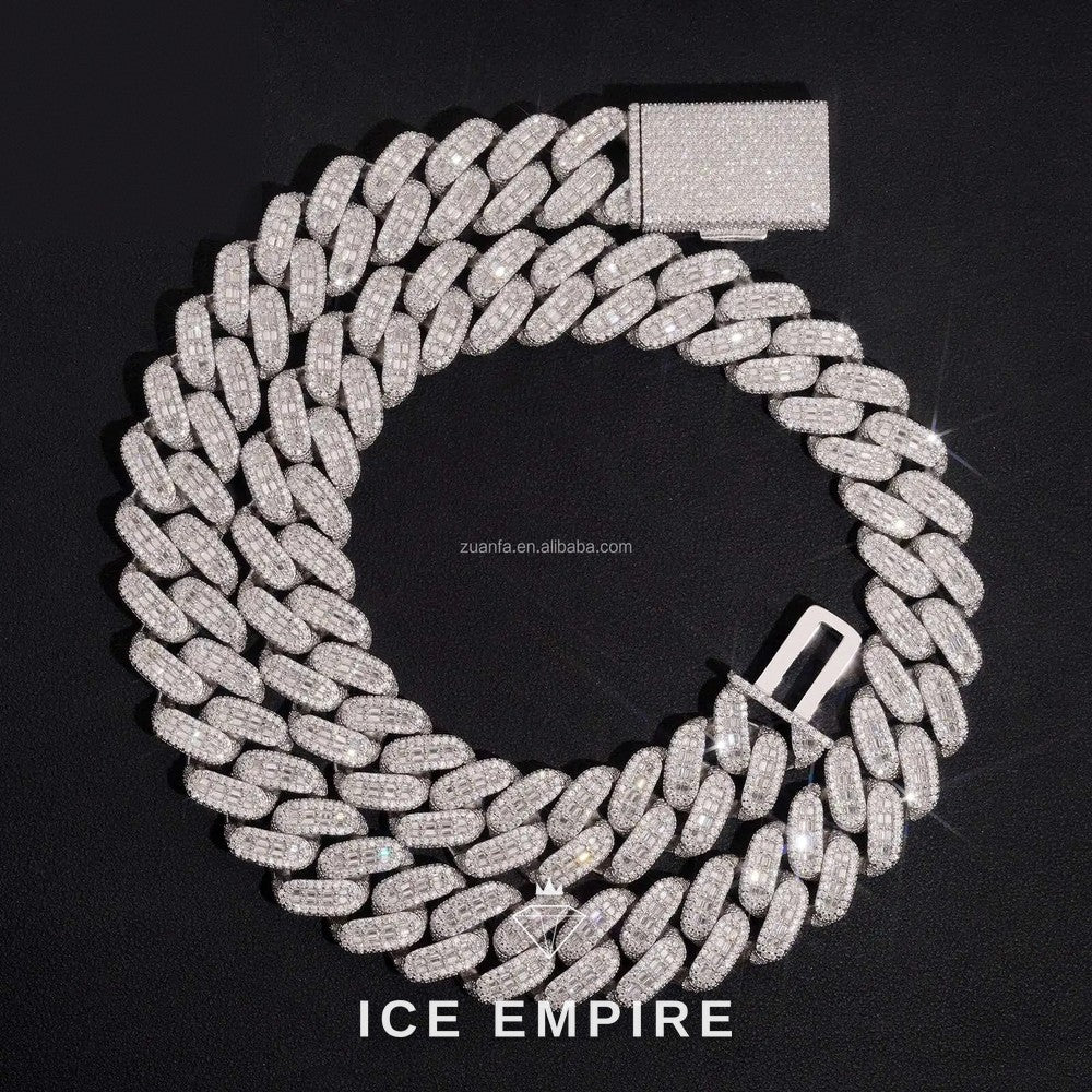 Iced Out Baguette 925 Silver Moissanite Cuban Chain