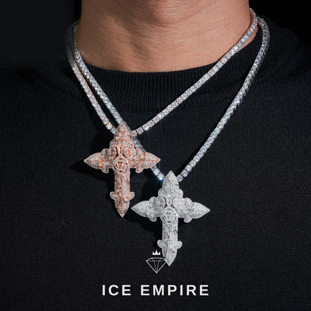 Iced Out Cross Rose Gold Plated Moissanite Pendant