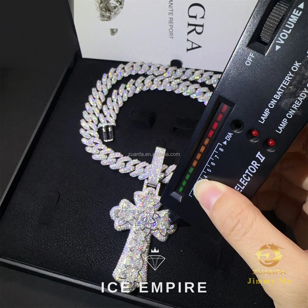 Iced Out Cross Gold Plated Moissanite Cuban Chain