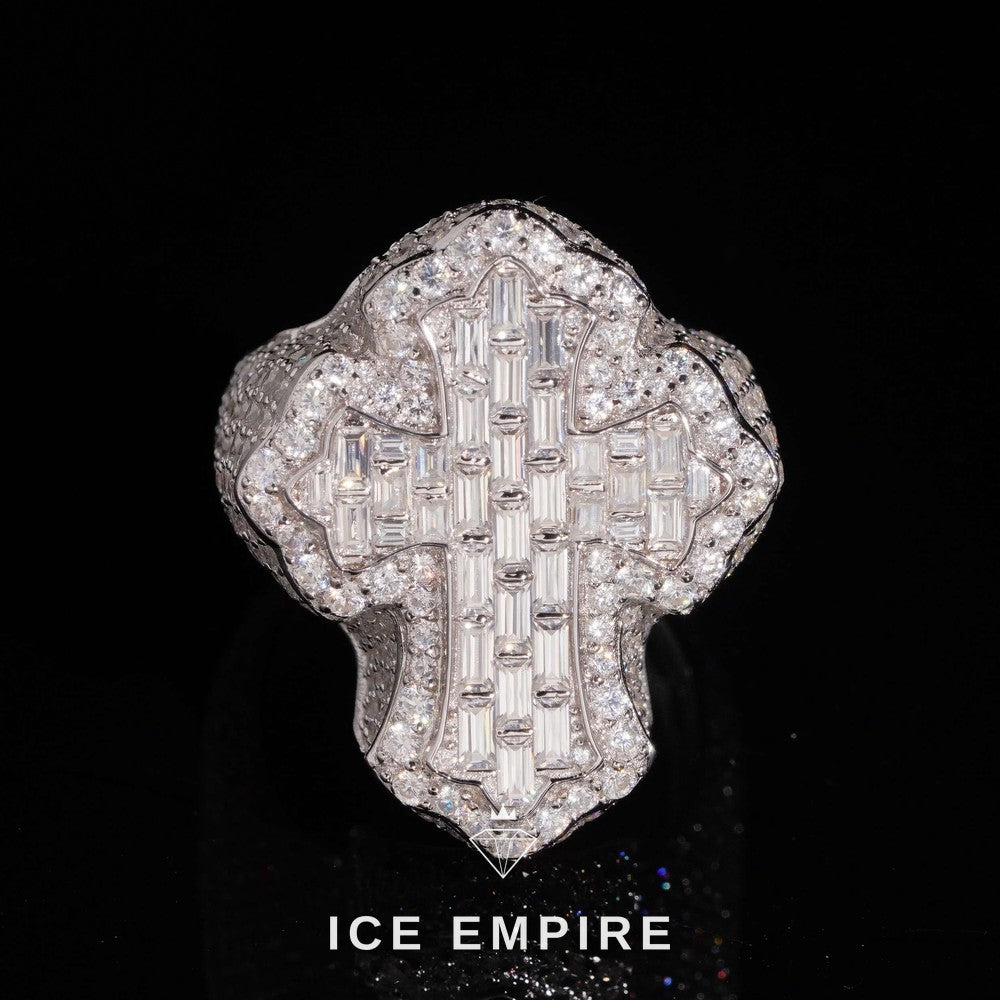 Iced Out Cross 925 Silver Lab Grown Diamond Ring