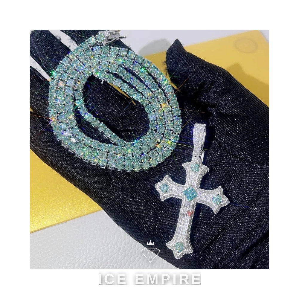 Iced Out Cross 925 Silver Moissanite Tennis Chain