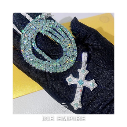 Iced Out Cross 925 Silver Moissanite Tennis Chain