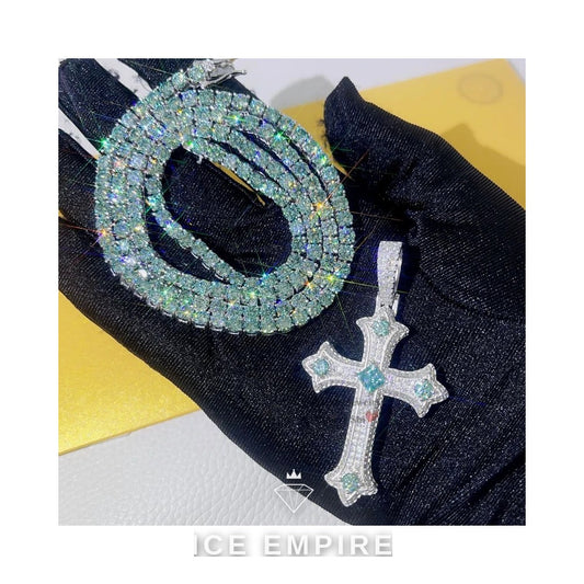 Iced Out Cross 925 Silver Moissanite Tennis Chain