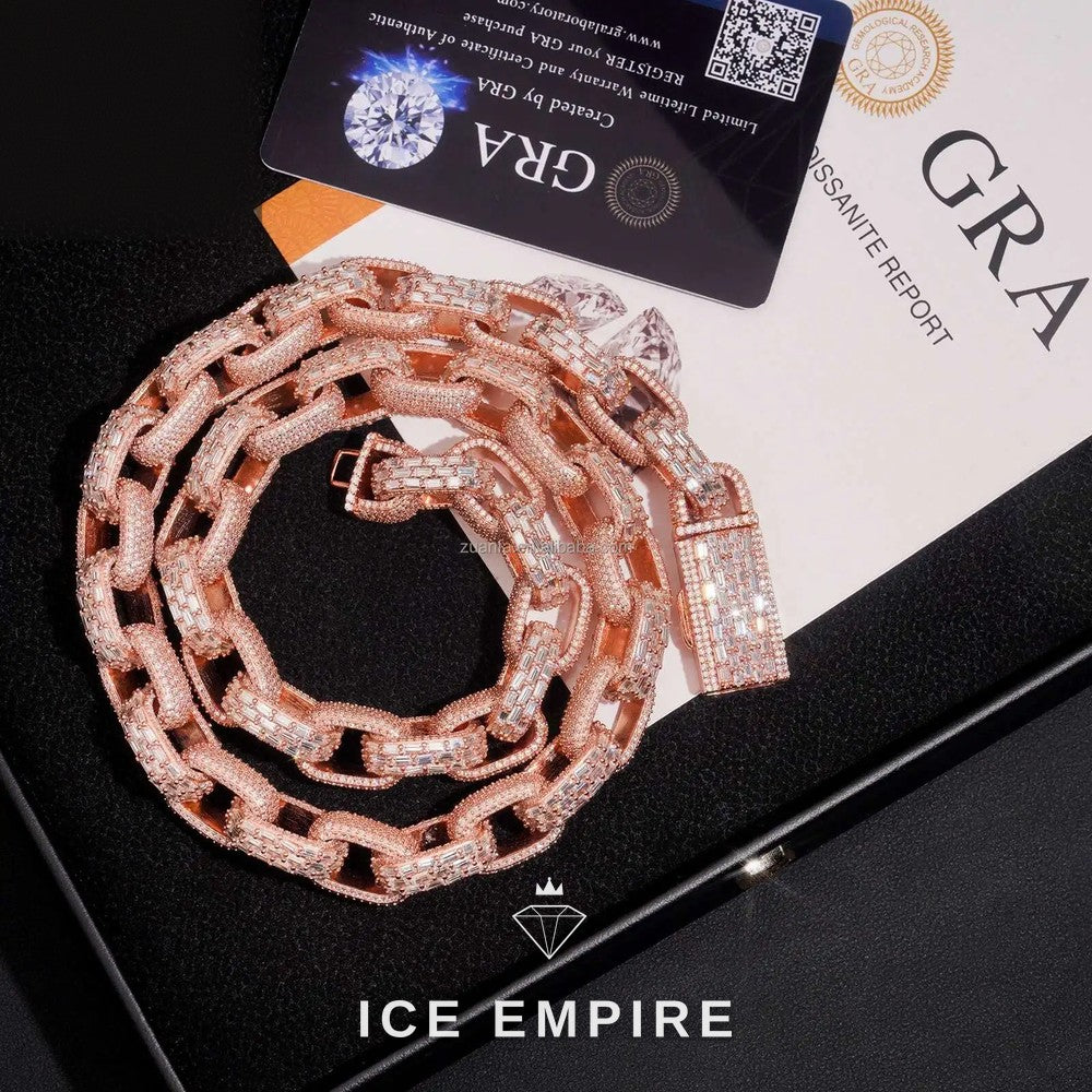 Iced Out Baguette Rose Gold Plated Moissanite Cuban Chain