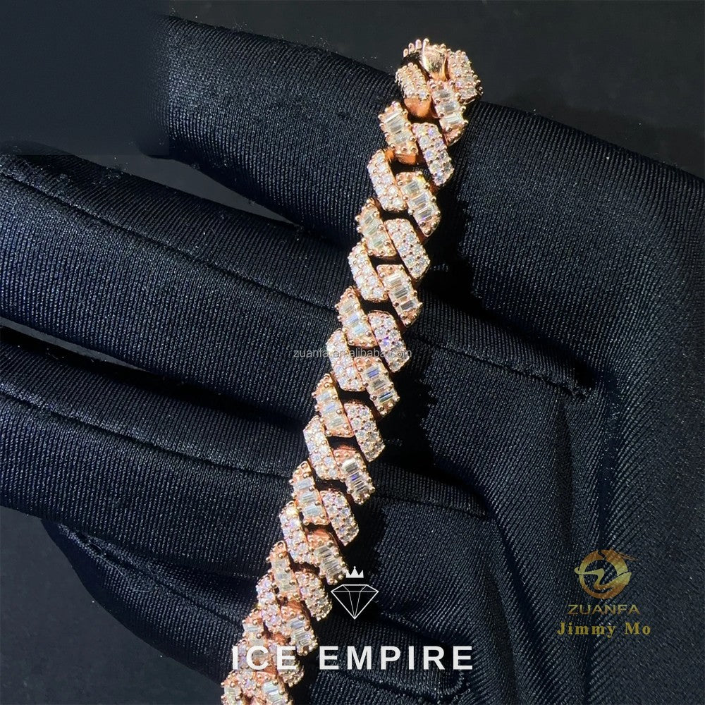 Iced Out Baguette Rose Gold Moissanite Cuban Chain