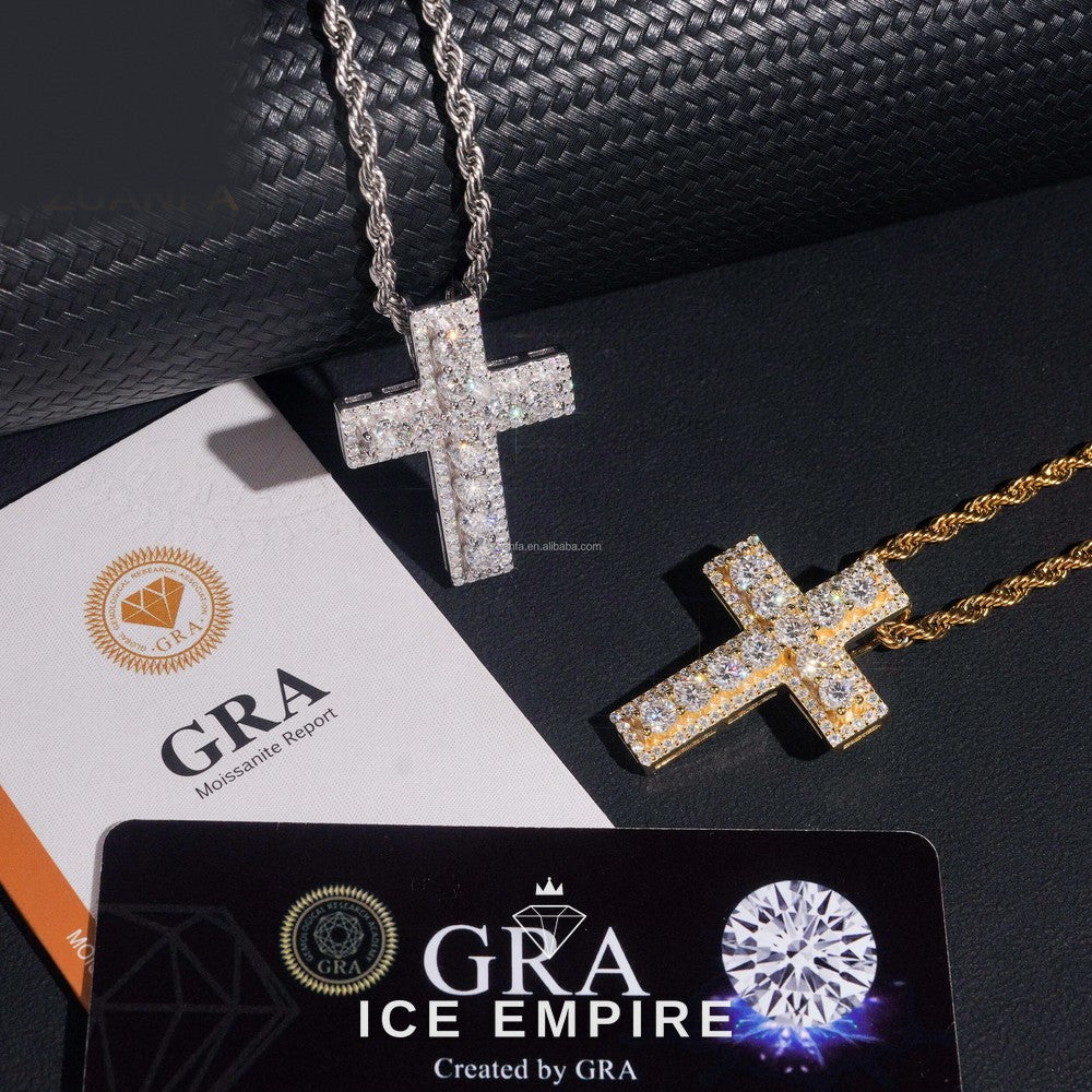 Iced Out Cross 14K Gold Moissanite Pendant