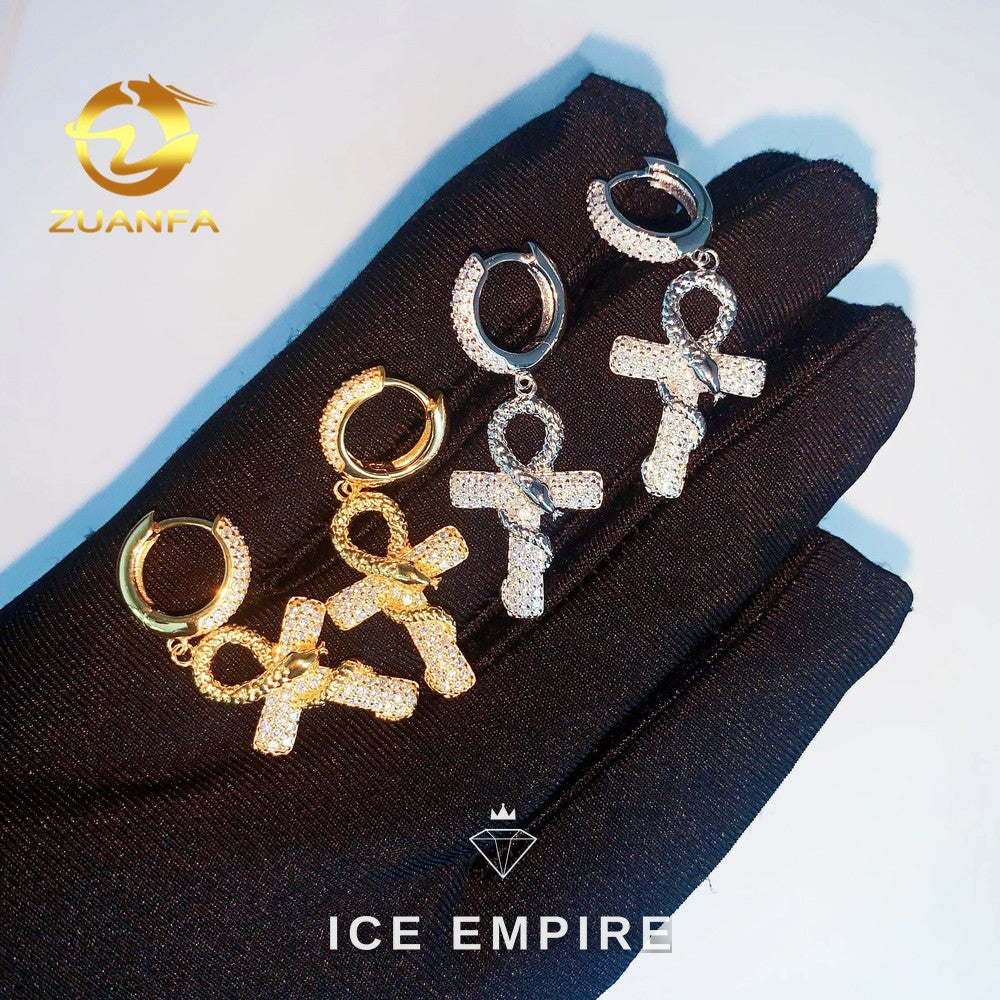 Iced Out Cross Gold Plated Moissanite Hoop Earrings