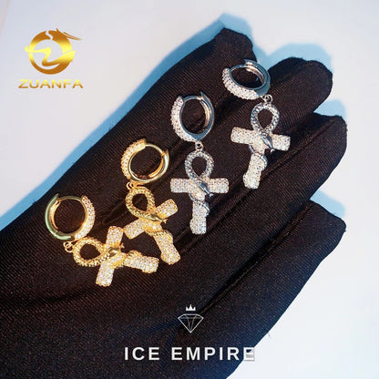 Iced Out Cross Gold Plated Moissanite Hoop Earrings