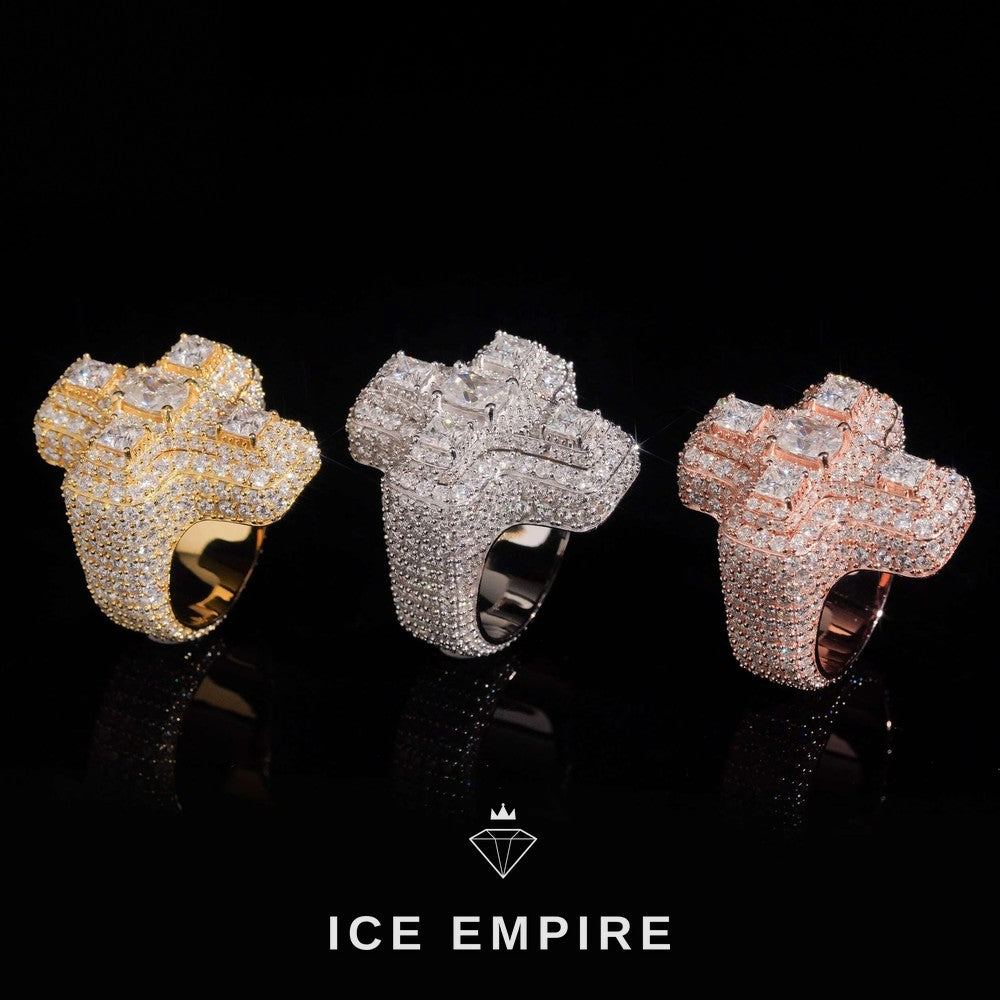 Iced Out Cross Gold Plated Moissanite Ring