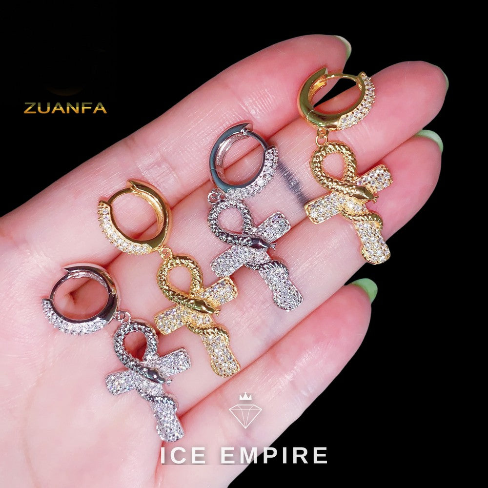 Iced Out Cross Gold Plated Moissanite Hoop Earrings