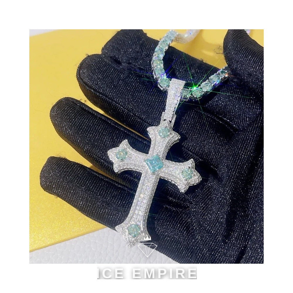Iced Out Cross 925 Silver Moissanite Tennis Chain