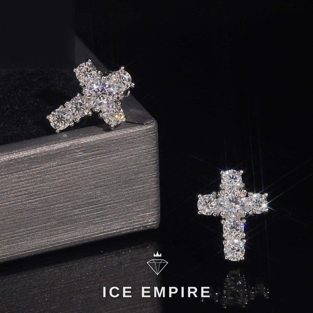 Iced Out Cross 925 Silver Moissanite Stud Earrings
