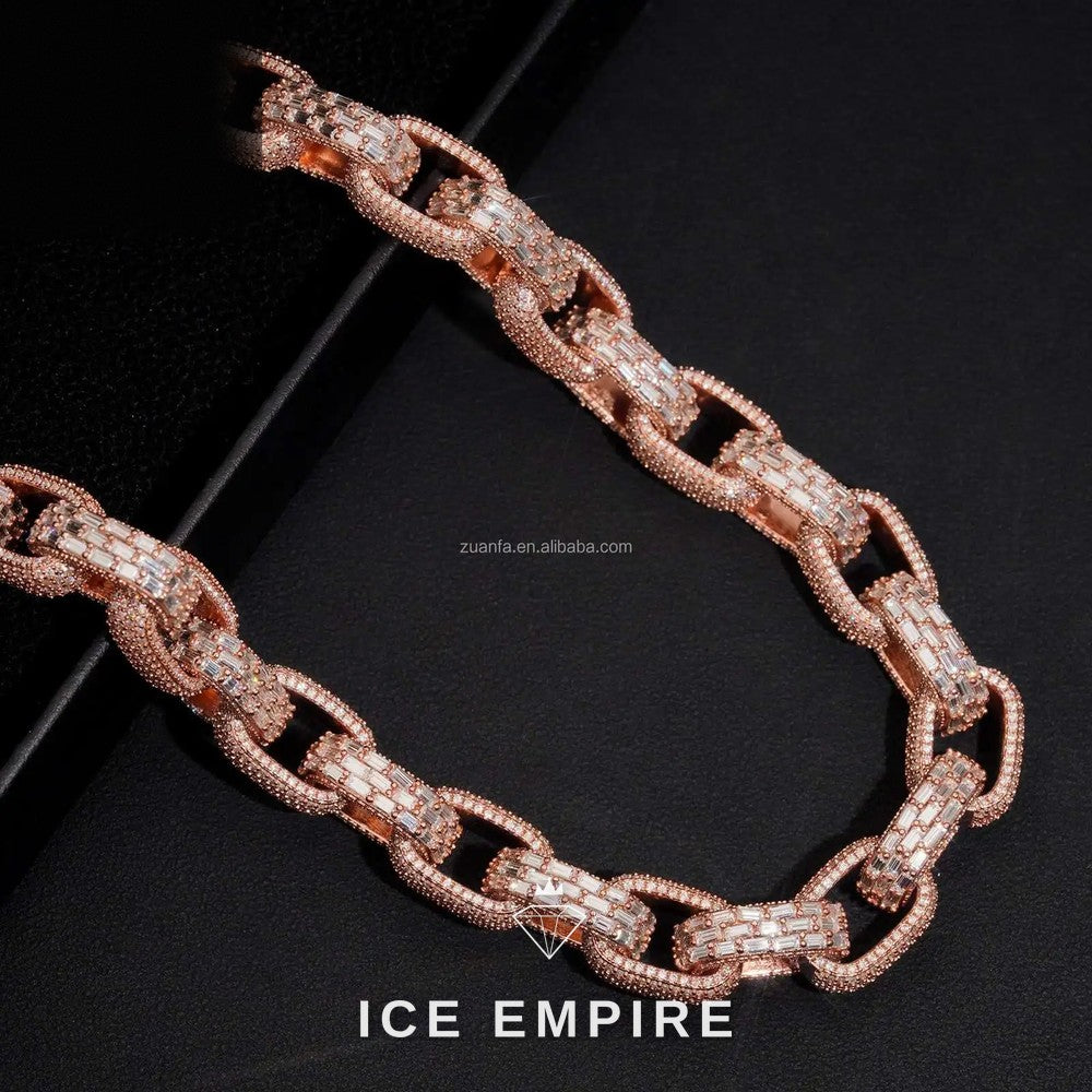 Iced Out Baguette Rose Gold Plated Moissanite Cuban Chain