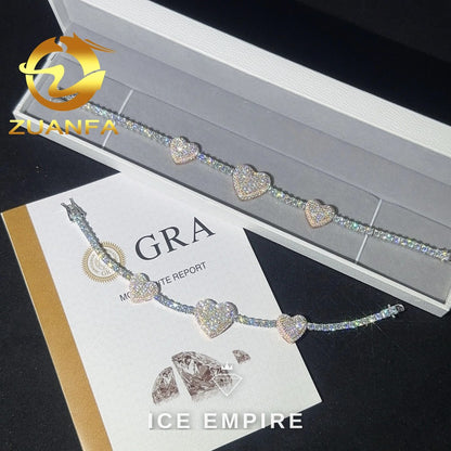 Iced Out Heart 925 Silver Moissanite Tennis Chain