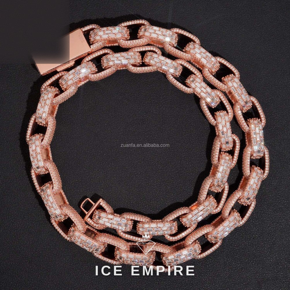 Iced Out Baguette Rose Gold Plated Moissanite Cuban Chain