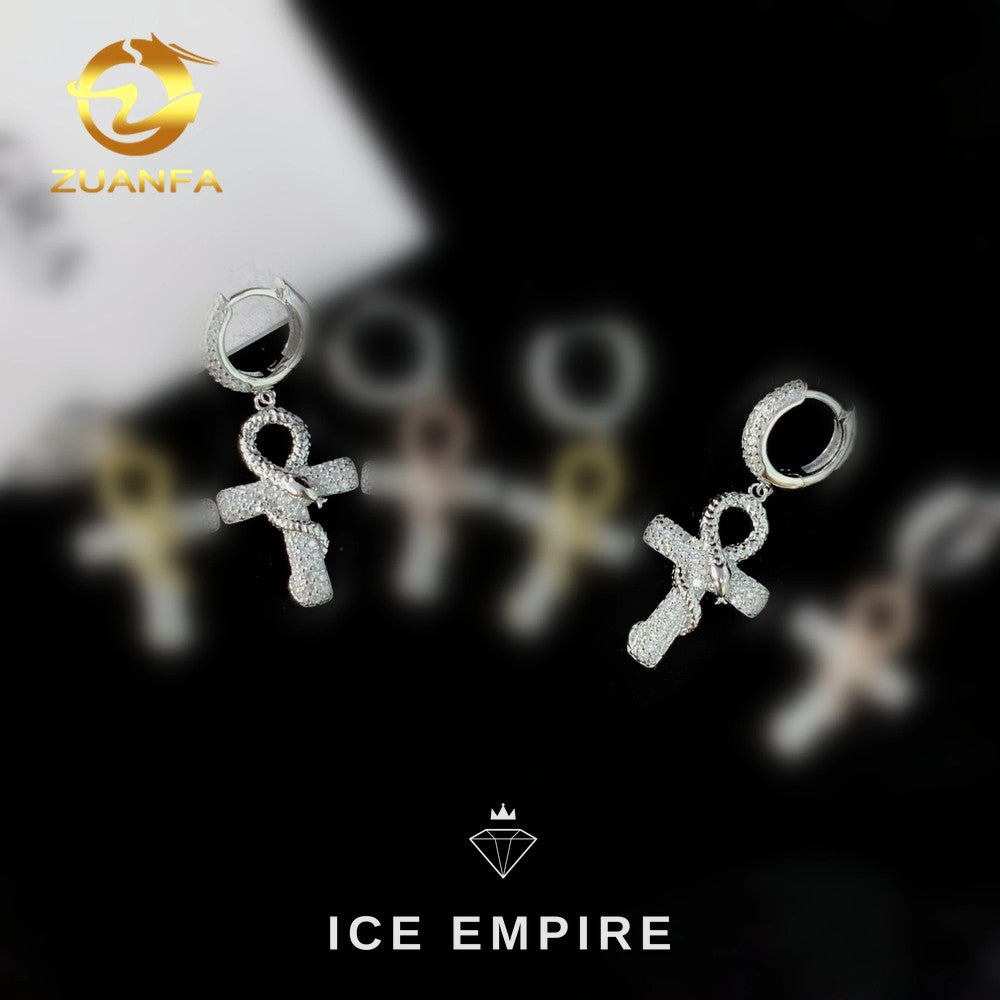 Iced Out Cross Gold Plated Moissanite Hoop Earrings