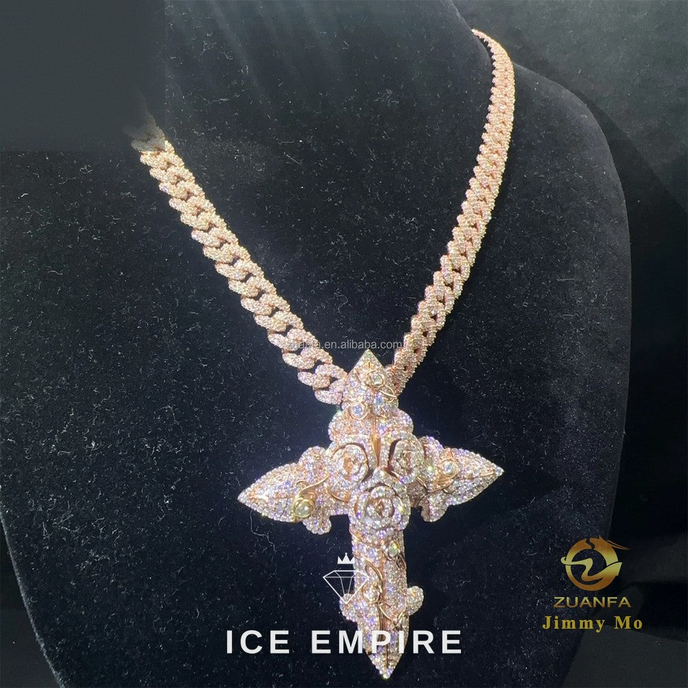 Iced Out Cross Rose Gold Moissanite Cuban Chain