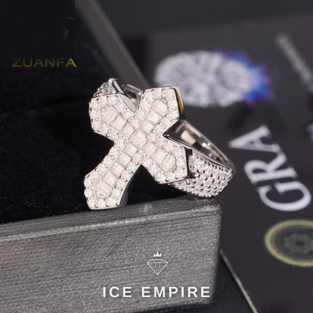 Iced Out Cross Gold Plated Moissanite Ring