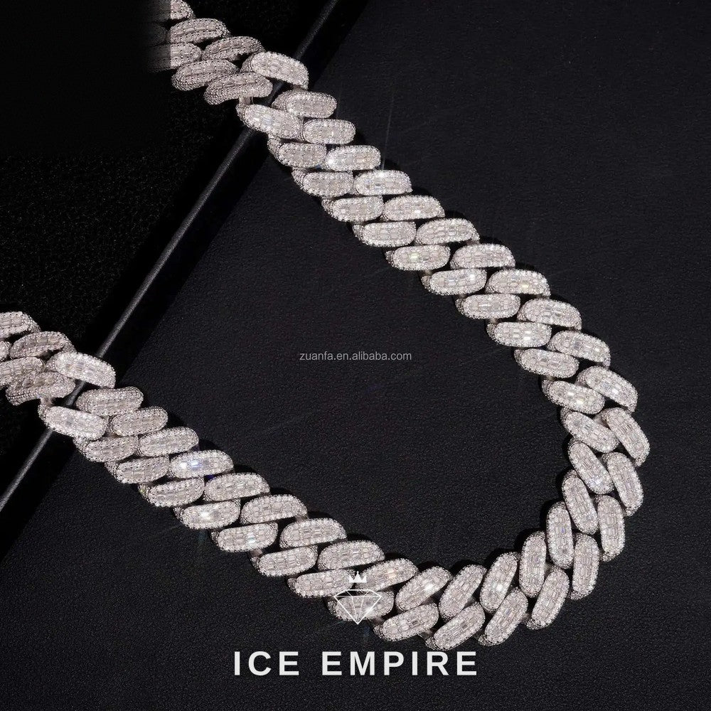 Iced Out Baguette 925 Silver Moissanite Cuban Chain