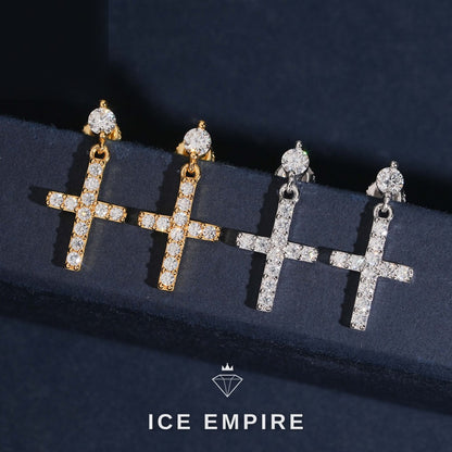 Iced Out Cross 18K Gold Moissanite Stud Earrings