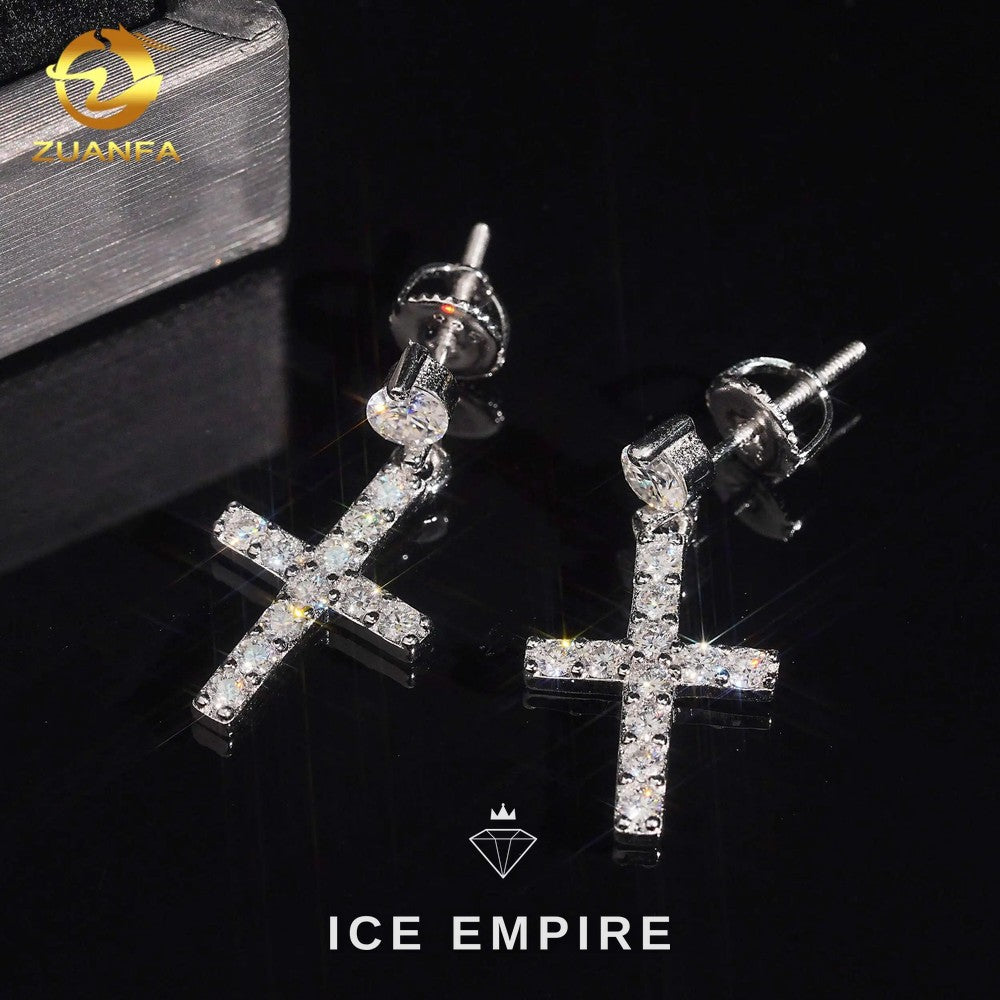 Iced Out Cross 18K Gold Moissanite Stud Earrings