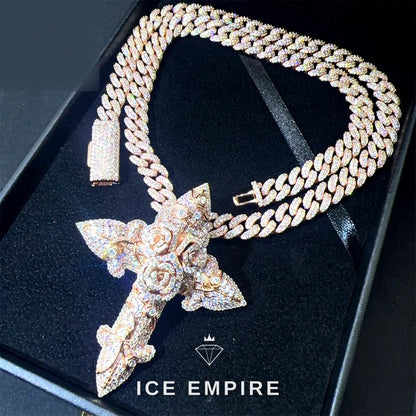 Iced Out Cross Rose Gold Moissanite Cuban Chain