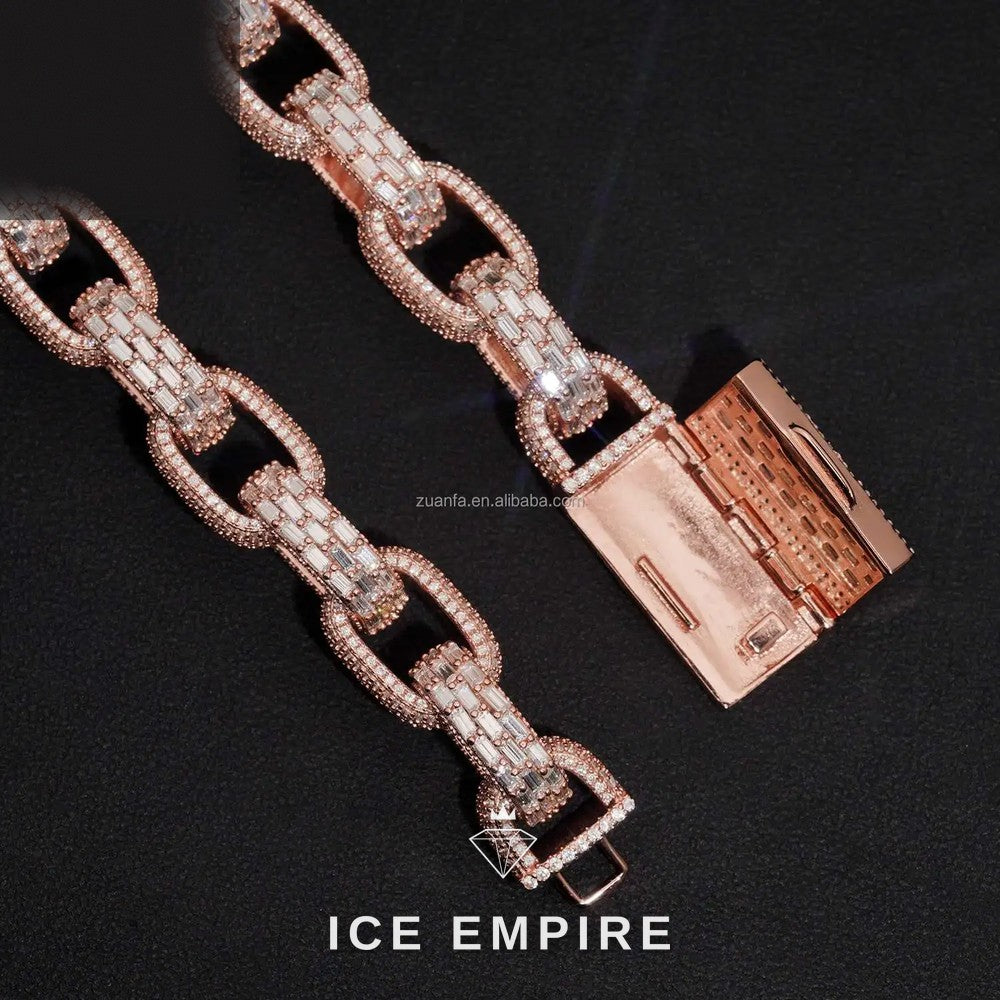 Iced Out Baguette Rose Gold Plated Moissanite Cuban Chain