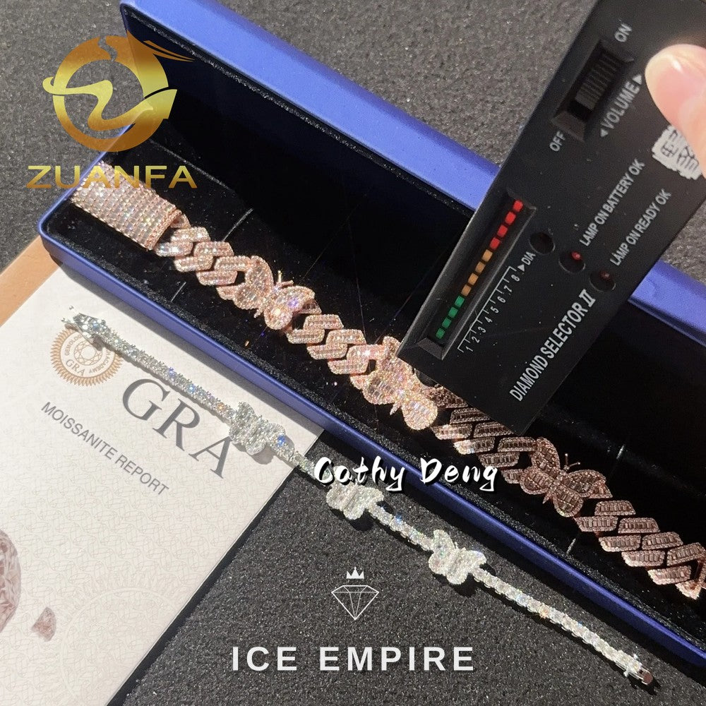 Iced Out Baguette 925 Silver Moissanite Cuban Chain