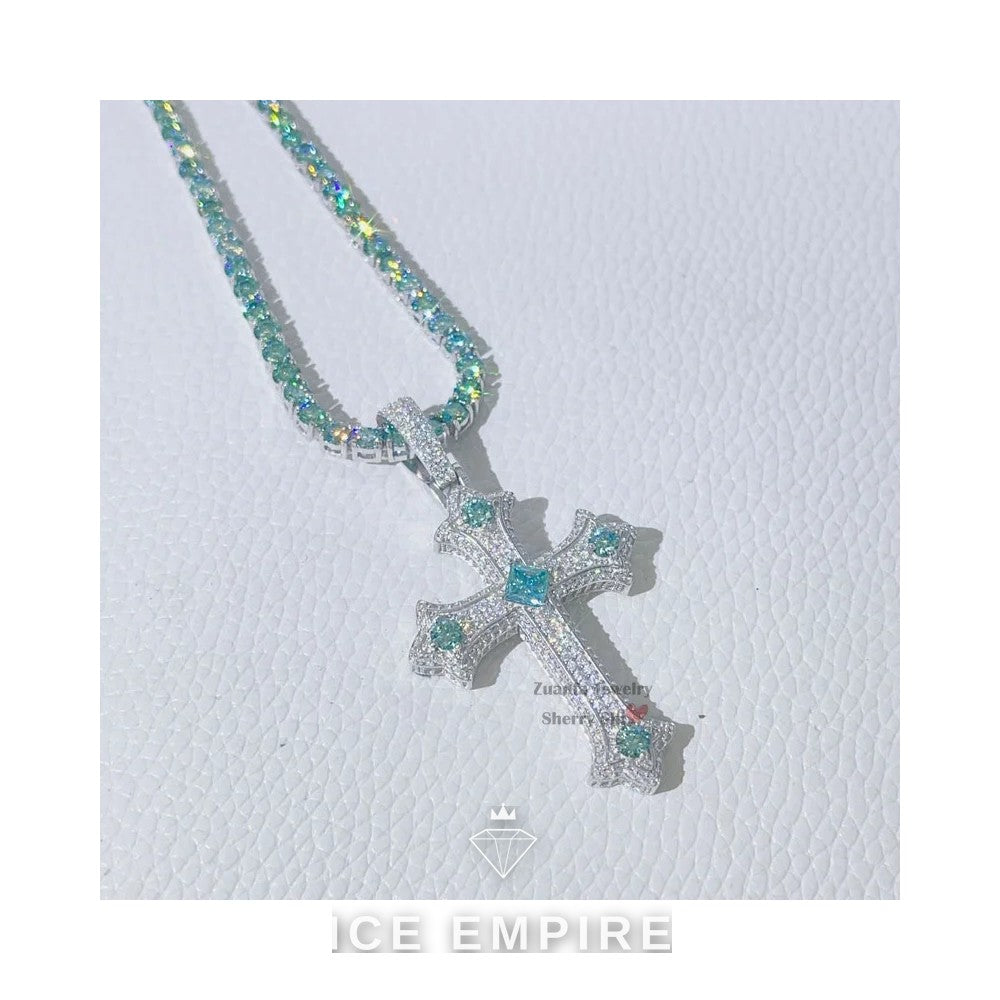 Iced Out Cross 925 Silver Moissanite Tennis Chain