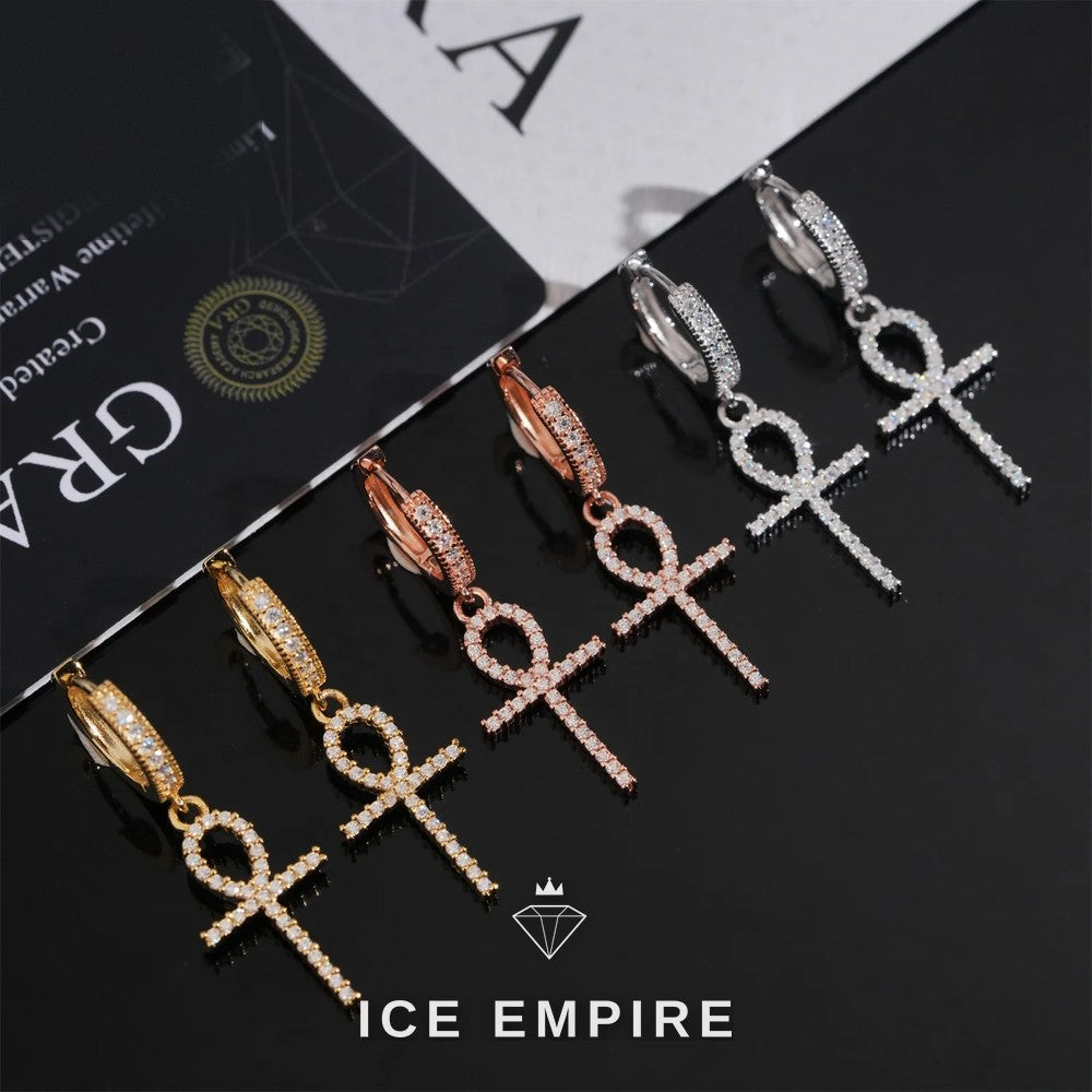 Iced Out Cross Rose Gold Plated Moissanite Hoop Earrings