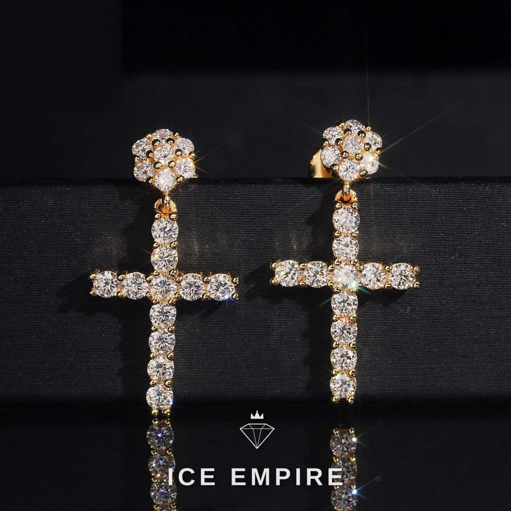 Iced Out Cross Gold Plated Moissanite Stud Earrings