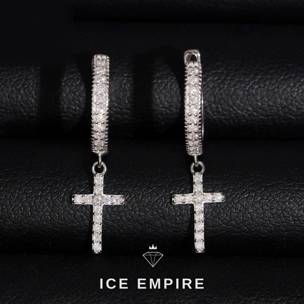 Iced Out Cross 14K Gold Moissanite Stud Earrings