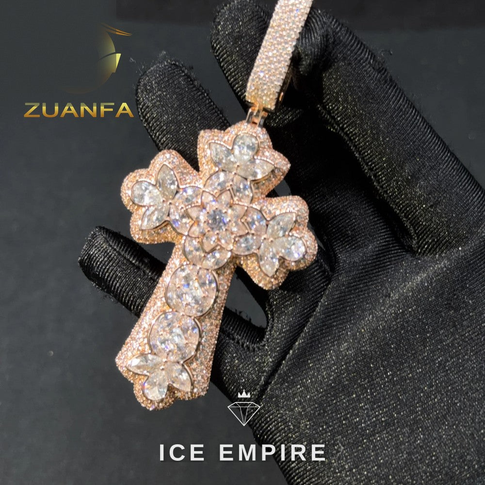 Iced Out Cross Rose Gold Plated Moissanite Cuban Chain