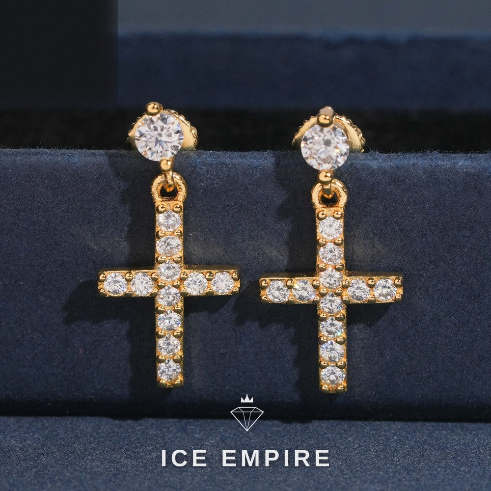 Iced Out Cross 18K Gold Moissanite Stud Earrings