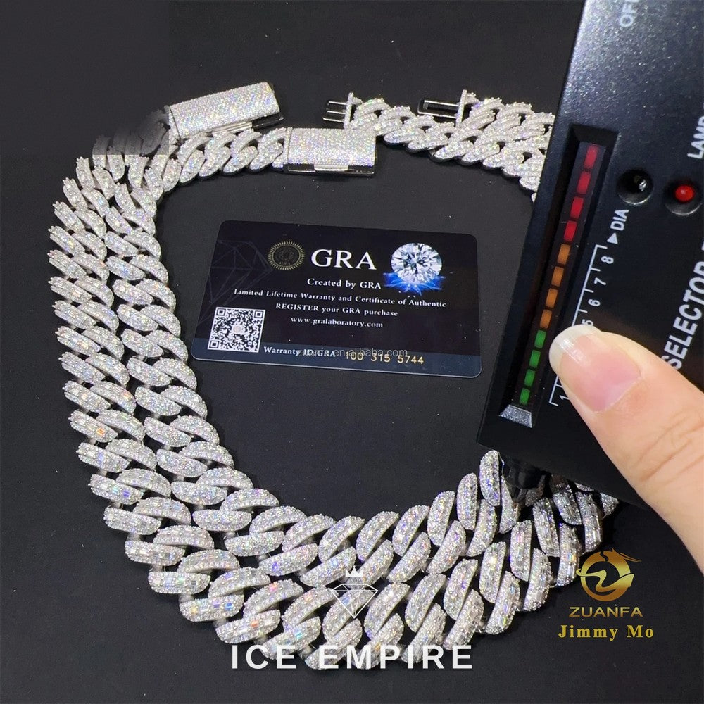 Iced Out Baguette 925 Silver Moissanite Cuban Chain