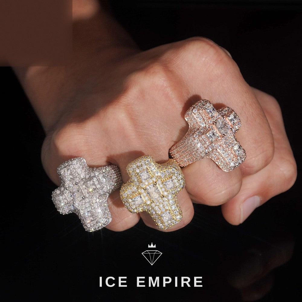 Iced Out Cross Gold Plated Moissanite Ring