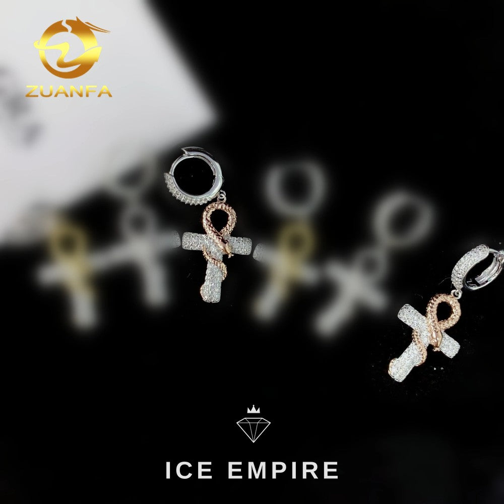 Iced Out Cross Gold Plated Moissanite Hoop Earrings